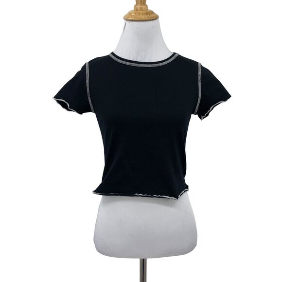 Moa Moa Lettuce Hem Shirt Girls L Black White Stitch Cotton Crew Short Sleeve - Picture 1 of 11